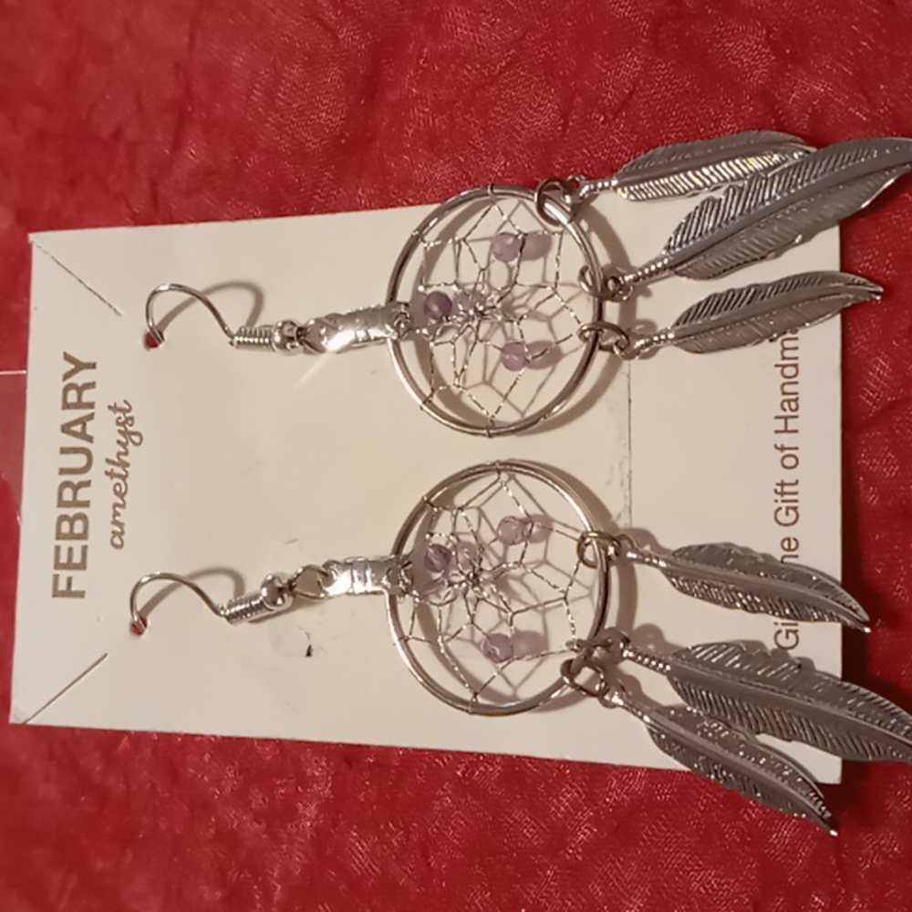 Dream catcher earrings amethyst crystals silver tone dangling earrings.